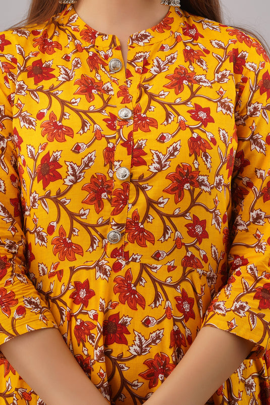 Pure Cotton Printed A-Line Traditional DANDELION YELLOW & CHILLI RED Beautiful Kurta for Girls & Women