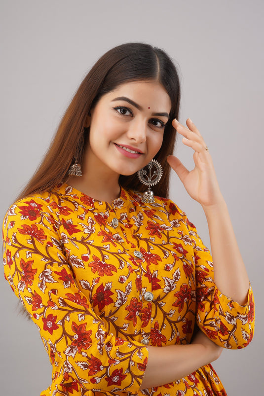 Pure Cotton Printed A-Line Traditional DANDELION YELLOW & CHILLI RED Beautiful Kurta for Girls & Women