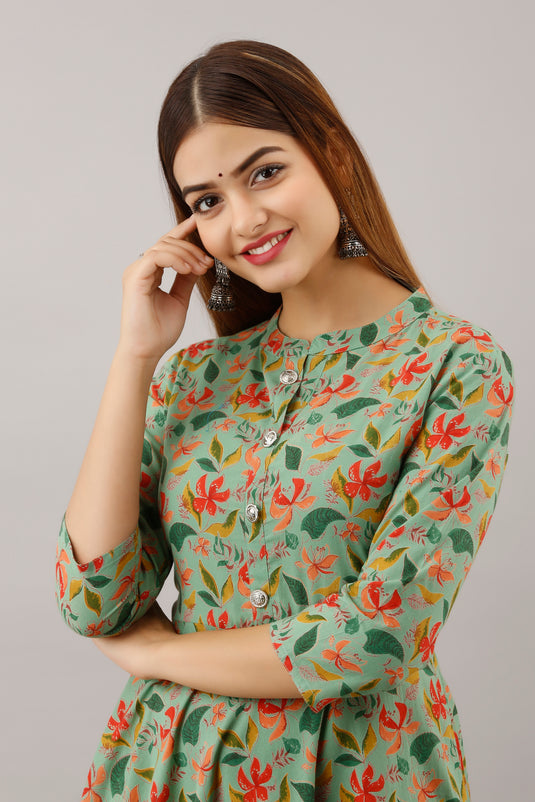 Women's Floral Print Pure Cotton A-line GREYISH GREEN Party Wear Kurta