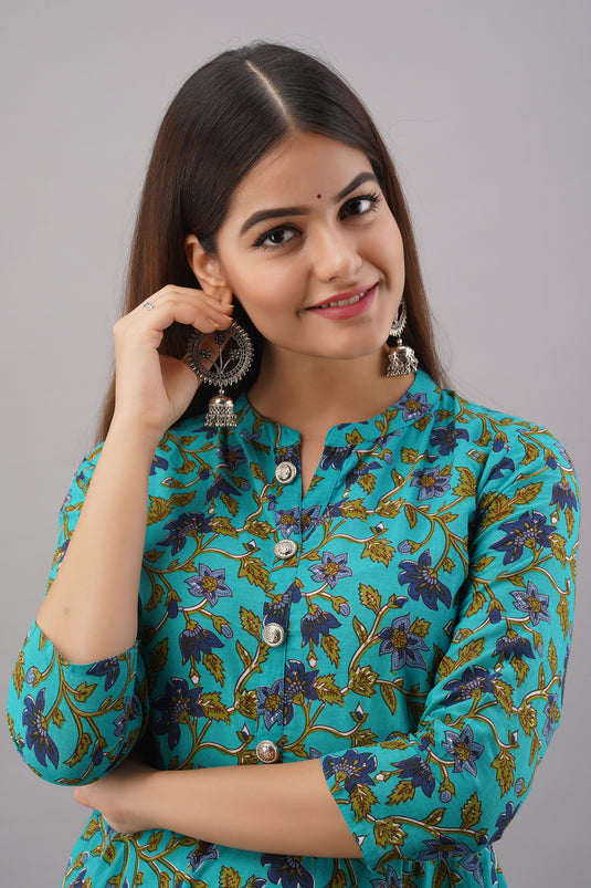 Pure Cotton Printed A-Line Traditional Beautiful DRY CREEK TURQUOISE Kurta for Girls & Women