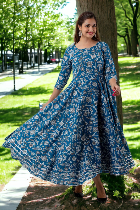 Pure Cotton Floral Print Flared Traditional DODGER BLUE Pretty Lace Work Kurta for Girls & Women