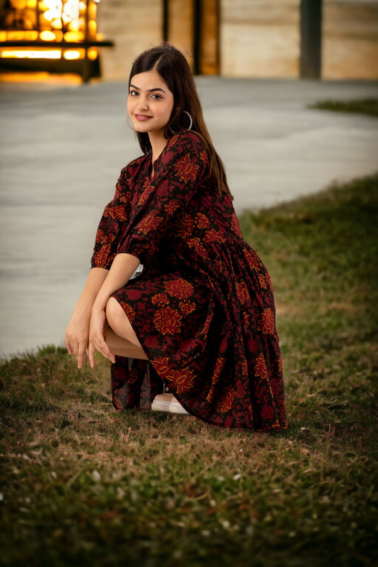 Women's Floral Print Pure Cotton Tiered Fit and Flare JAM & GARNET MAROON Pretty Mini Knee Length Dress