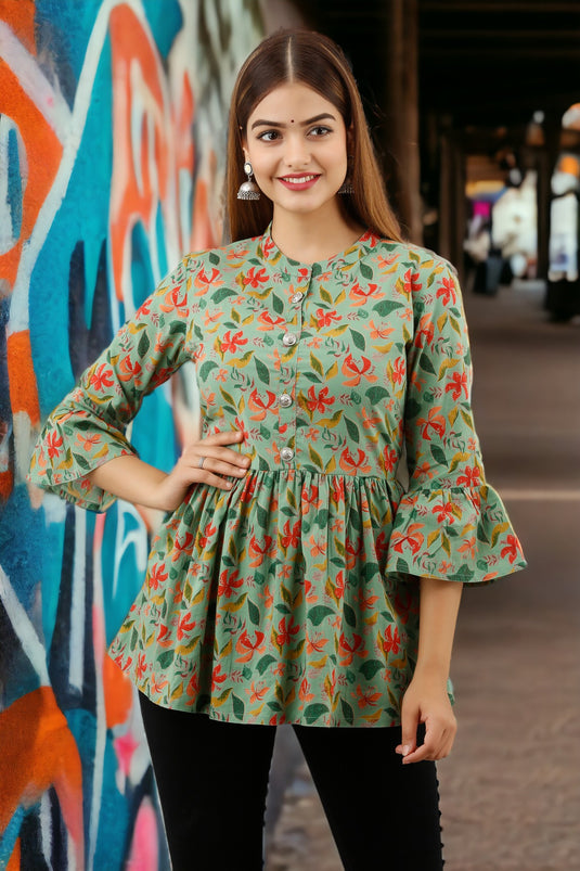 Women's Pure Cotton Printed Attractive Western Tops with Designer Sleeves