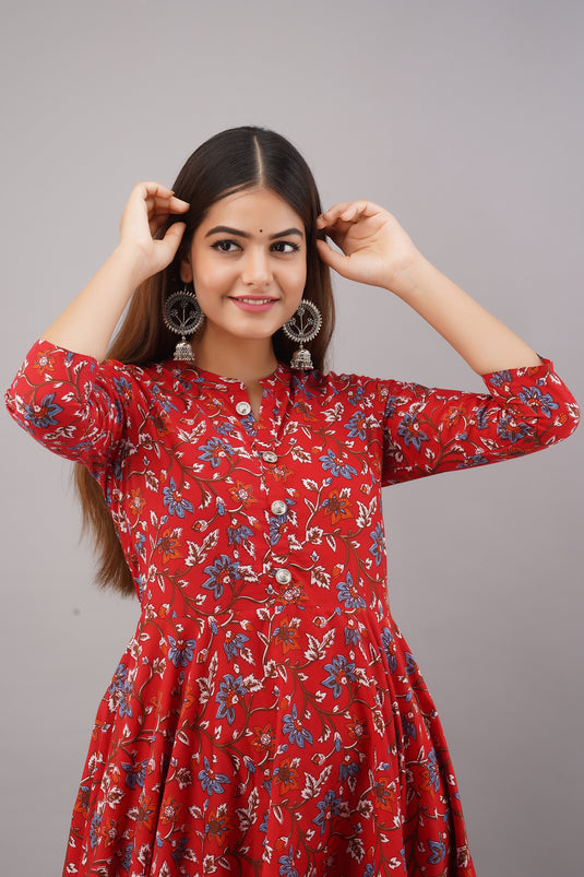 Pure Cotton Printed A-Line Traditional  Beautiful IMPERIAL RED Kurta for Girls & Women