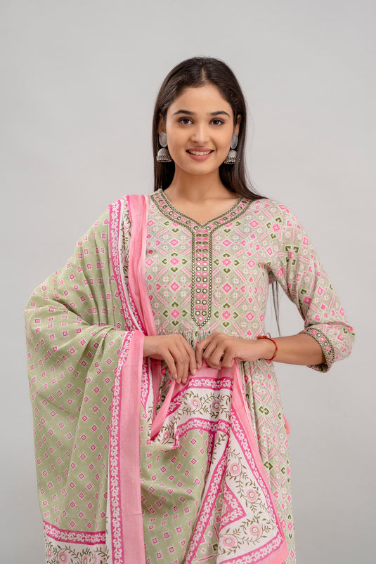 Women's Printed Pure Cotton Traditional Pure Silk Coding Mirror Embroidery Work Aliya Cut Kurta With Trousers and Dupatta