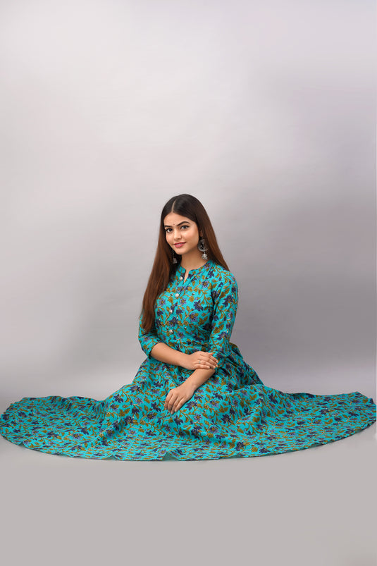 Women's Pure Cotton Printed Ankle Lenght Flared Party Wear Designer Traditional Kurta