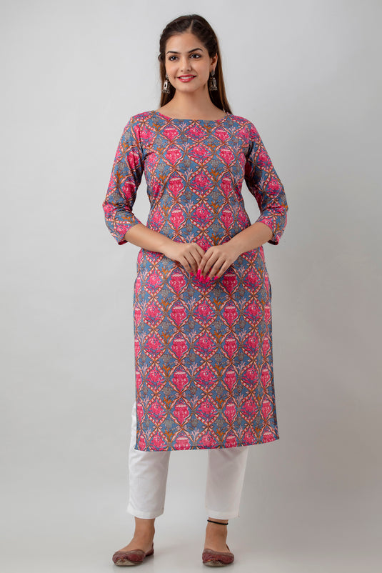 Women's Pure Cotton Calf Length Traditional Floral Printed Staright Kurta