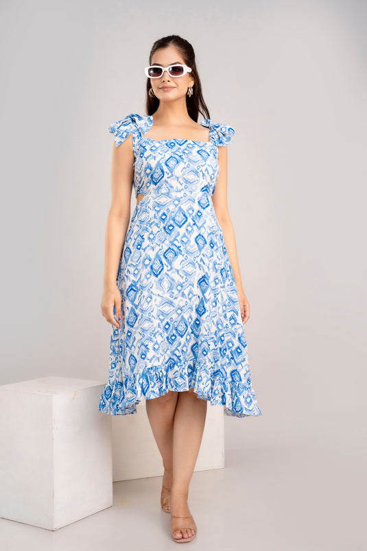 Women's Floral Print Gorgeous Shoulder Strap AZURE BLUE Pretty Travel Wear Dress