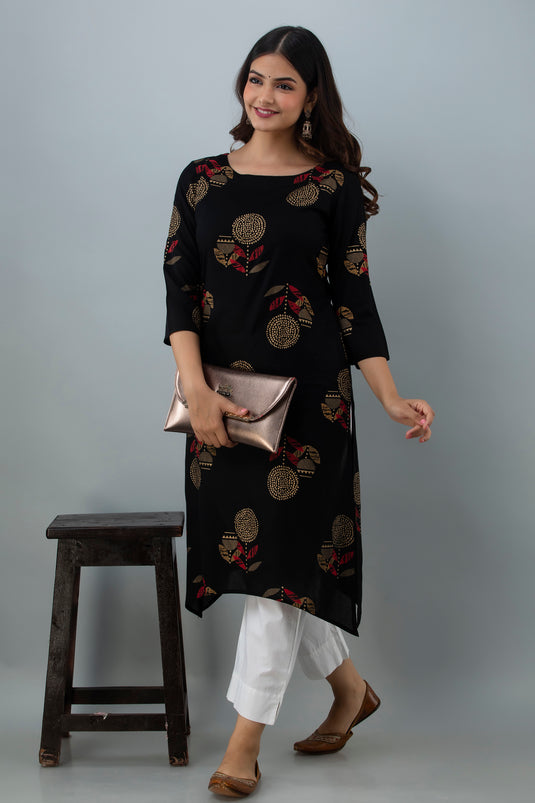 Women's Rayon Calf Length Traditional Floral Printed Staright Kurta