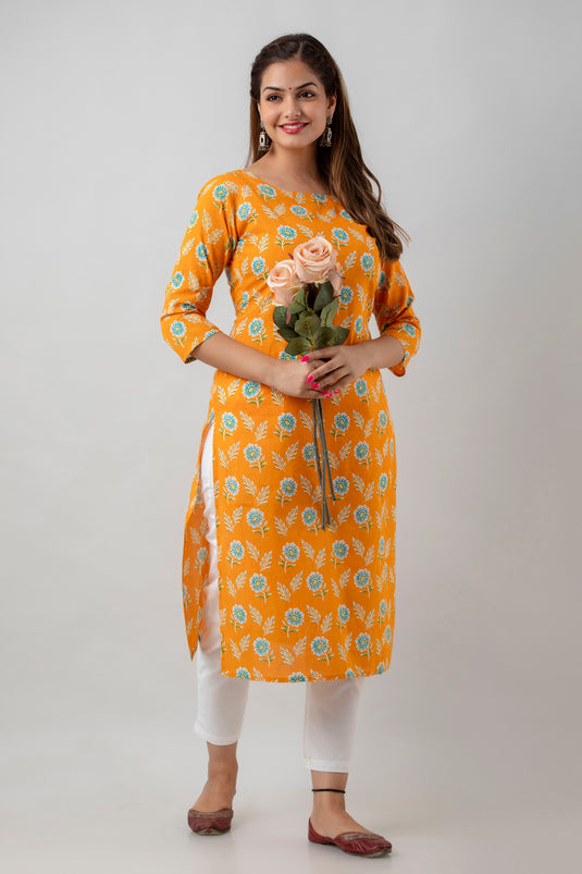 Women's Pure Cotton Calf Length Traditional Floral Printed Staright Kurta