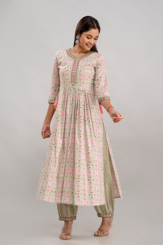 Women's Printed Pure Cotton Traditional Pure Silk Coding Mirror Embroidery Work Aliya Cut Kurta With Trousers and Dupatta