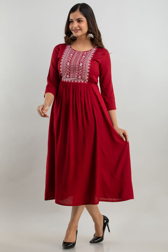 Women's Solid Dyed Viscose Rayon Designer Silk Embroidered A-Line Festival Kurta