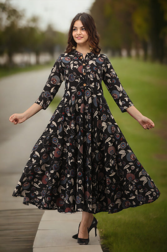 Pure Cotton Flower Print Ankle Length Traditional CROWN BLACK & CHERRY RED Pretty Kurta for Girls & Women