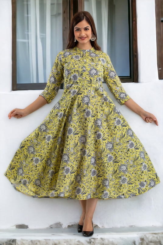 Pure Cotton Printed A-Line Party Wear CORN YELLOW Pretty Kurta for Girls & Women