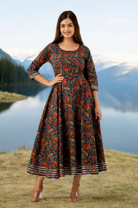 Pure Cotton Floral Print Flared Traditional CHERRY RED & DODGER BLUE Pretty Lace Work Kurta for Girls & Women