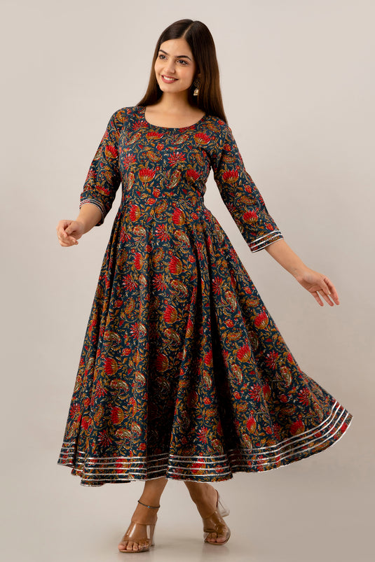 Pure Cotton Floral Print Flared Traditional CHERRY RED & DODGER BLUE Pretty Lace Work Kurta for Girls & Women