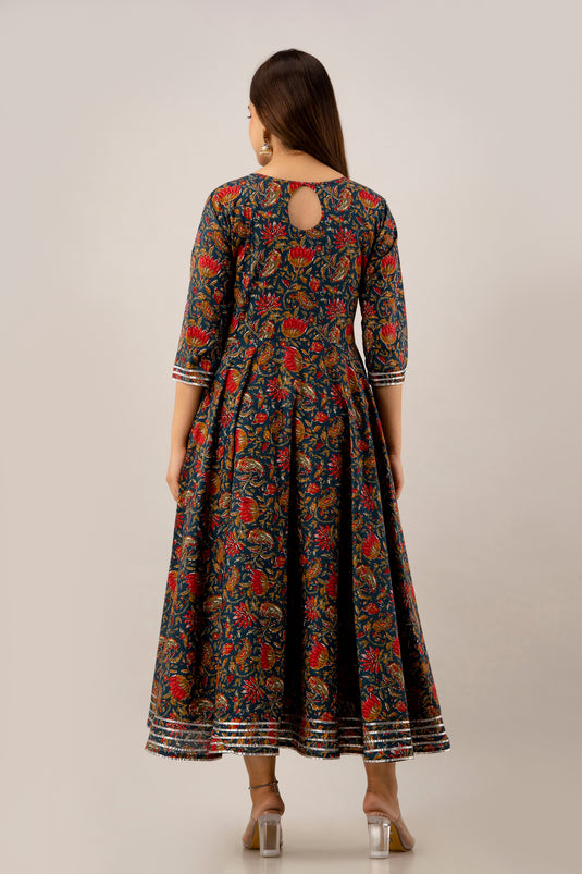 Pure Cotton Floral Print Flared Traditional CHERRY RED & DODGER BLUE Pretty Lace Work Kurta for Girls & Women