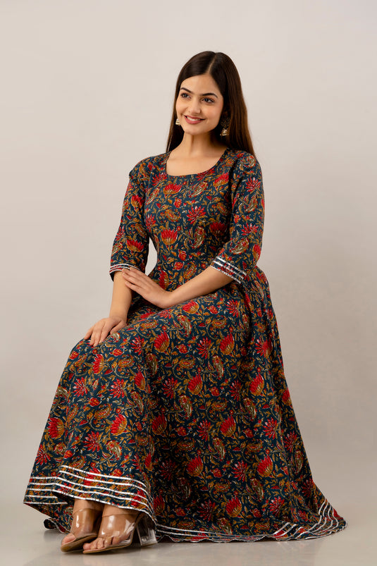 Pure Cotton Floral Print Flared Traditional CHERRY RED & DODGER BLUE Pretty Lace Work Kurta for Girls & Women