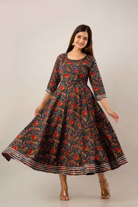 Pure Cotton Floral Print Flared Traditional CHERRY RED & DODGER BLUE Pretty Lace Work Kurta for Girls & Women