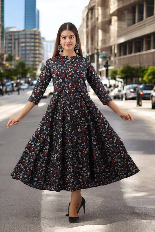 Pure Cotton Printed A-Line Traditional Beautiful NATURE BLACK Kurta for Girls & Women