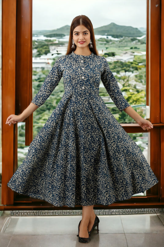 Women's Printed Pure Cotton Fit & Flared Traditional STEEL BLUE Beautiful Dress