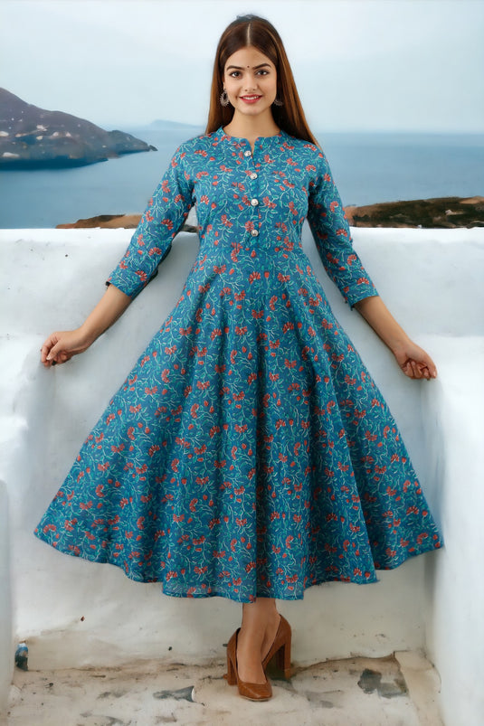 Pure Cotton Flower Print Ankle Length Flared Traditional SERULEAN BLUE Pretty Kurta for Girls & Women