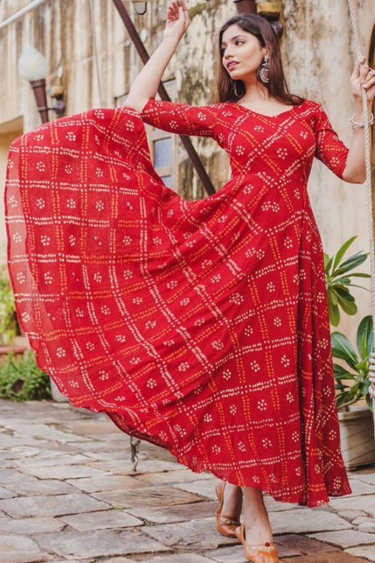 Pure Cotton Bandhani Print Ankle Length Flared Traditional FIREBRICK RED Pretty Kurta for Girls & Women