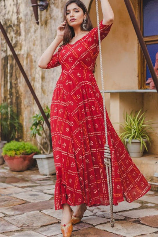 Pure Cotton Bandhani Print Ankle Length Flared Traditional FIREBRICK RED Pretty Kurta for Girls & Women