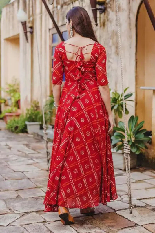 Pure Cotton Bandhani Print Ankle Length Flared Traditional FIREBRICK RED Pretty Kurta for Girls & Women