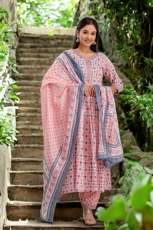 Floral Print Coding Mirror Work Pure Cotton ROSE QUARTZ PINK Side Cut Flared Kurta with Afghani Pant & Dupatta