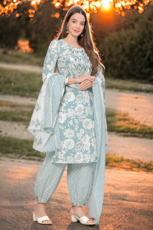 Floral Print Sequence Zari Work Pure Cotton SEAFOAM GREEN Straight Kurta with Afghani Pant & Dupatta