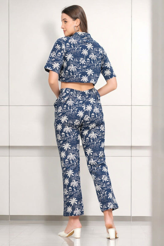 Women's Beautiful Printed SPACE BLUE Short Sleeves Collar Crop Shirt with Pant Co-ords