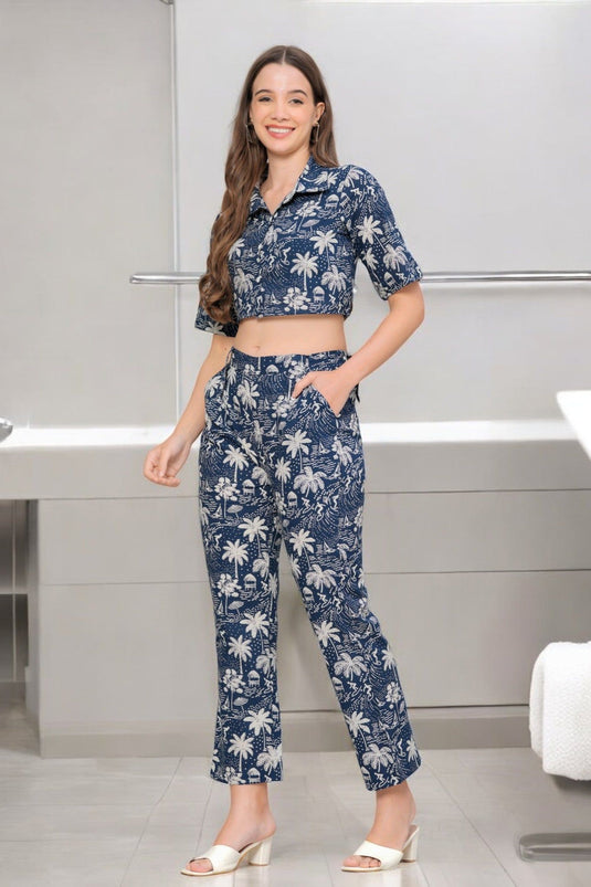 Women's Beautiful Printed SPACE BLUE Short Sleeves Collar Crop Shirt with Pant Co-ords