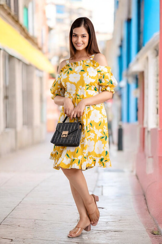 Women's Floral Print Beautiful Cold Shoulder BUTTER YELLOW & PINE GREEN Designer Party Wear Mini Dress