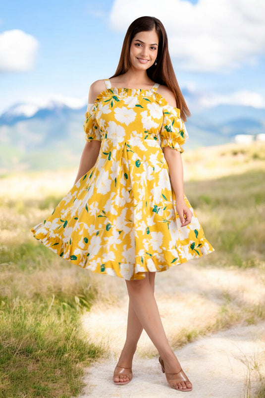 Women's Floral Print Beautiful Cold Shoulder BUTTER YELLOW & PINE GREEN Designer Party Wear Mini Dress