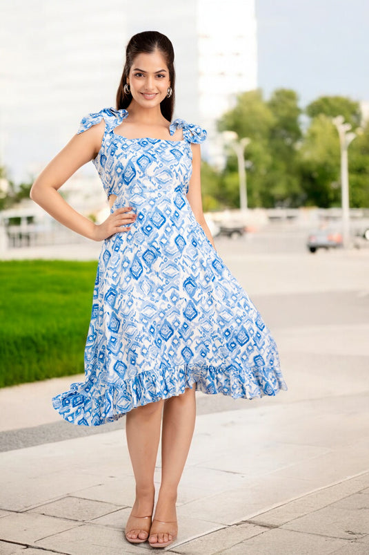 Women's Floral Print Gorgeous Shoulder Strap AZURE BLUE Pretty Travel Wear Dress